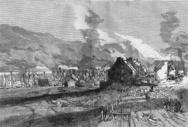 Utsikt över ruinerna av Quebec City (Kanada) efter branden i juni 1881. Gravyr av Lepere i "" The Illustrous World"" nr 1267 den 9 juli
