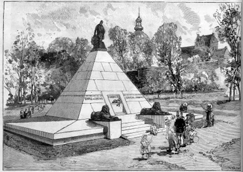 Vy över monumentet som restes till minne av den franske egyptologen Auguste-Edouard (Auguste Edouard) Mariette (1821-1881) i Boulogne sur Mer (Boulogne-sur-Mer), Pas de Calais (62). Gravyr av Lepere i ""Le Monde Illustre"" nr 1322 den 29 juli 1882.
