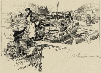 Wharf Scene, möjligen 1880-talet (etsning på vävnad)