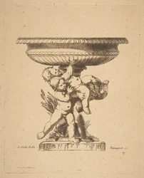 Prydnadsdesign av tre barn som håller upp en fontän, 1800-tal.