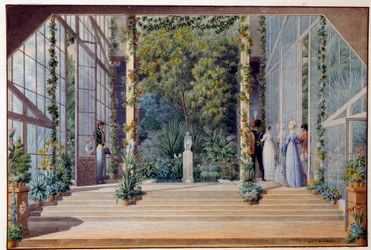Ett besök i det uppvärmda växthuset vid slottet Malmaison, 1823. Mått: 0,16 x 0,24 m. Malmaison, Musée du Château