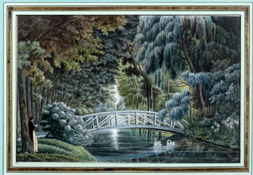 Utsikt över träbron över floden till vänster om slottet Malmaison Watercolor d