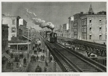 Dubbelspår av Airline Railway på Seventh Avenue, New York, New York. Edouard de Laveleye, 1878-1879, publicerad i Tour du monde, under ledning av Edouard Charton (1807-1890)
