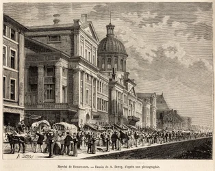 Le marche de Bonsecours, ett turist- och kulturcentrum i Montreal, graverad efter en teckning av A.Deroy, som illustrerar utflykten till Kanada och Riviere Rouge du nord, av H. De Lamotte, 1873, publicerad i "" Le tour du monde””” 1875, redigerad av Edou