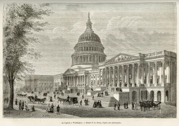 Capitolium, säte för den lagstiftande församlingen, byggt mellan 1793 och 1830, i Washington (District of Columbia), USA:s huvudstad. Gravyr efter A. Deroys teckning, för att illustrera historien La conquete blanche, av William Hepworth Dixon, 1875, s.