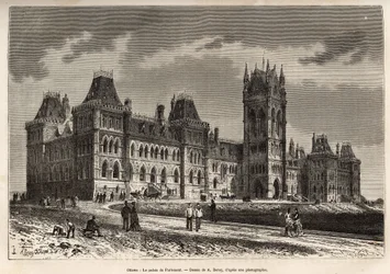 Palace of Parliament i Ottawa, byggt mellan 1859 och 1876, graverat efter en teckning av A.Deroy, som illustrerar utflykten till Kanada och Röda floden i norr, av H. De Lamotte 1873, publicerad i "" Le tour du monde””” 1875, redigerad av Edouard