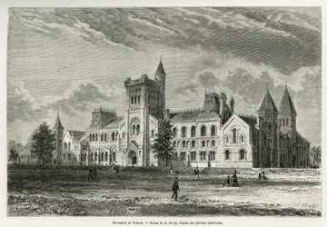 University of Toronto, teckning av A.Deroy, för att illustrera historien om en utflykt till Kanada och Northern Red River 1873 av H. de Lamotte. Gravyr i Le tour du monde