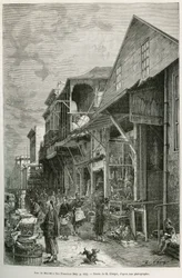 Street of the Marche i San Francisco, som avslöjar närvaron av ett viktigt kinesiskt samhälle, en premiss för en framtida chinatown. Gravyr efter A.Deroys teckning, för att illustrera historien La conquete blanche, av William Hepworth Dixon, 1875, pu
