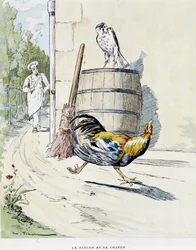 Falken och kaponen i "" Fables of La Fontaine, ill. av Auguste Vimar (1851-1916), Tours, at A, Mame & Son