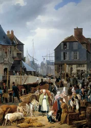 Går ombord boskap på passageraren"" i hamnen i Honfleur"" Detalj av en målning av Auguste-Xavier Leprince (1799-1826)