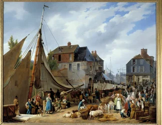 Bording boskap på passageraren”” i hamnen i Honfleur”” Målning av Auguste-Xavier Leprince (1799-1826) 1823. Dim. 1,3x1,6 m.