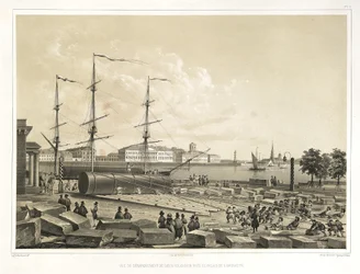 Lossning av två kolumner vid amiralitetet Från: The Construction of the Saint Isaacs Cathedral, 1845