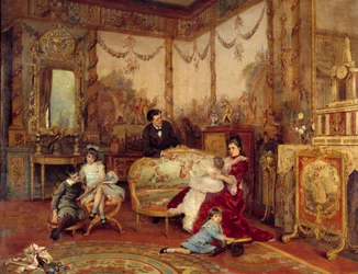 Viktorianska Sardou (1831 - 1908), dramatiker och hans barn. Utsikt från insidan av ett vardagsrum med eld framför den öppna spisen. Målning av Auguste La Brely (1838-1906)