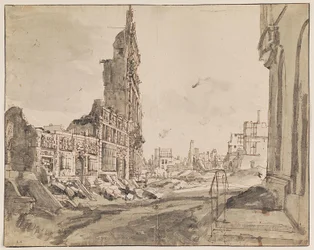 Utsikt över de nordöstra och nordvästra hörnen av Grand Place efter bombardementet 1695