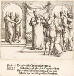 Kristus hånas och Kaifas river sönder sina kläder, 1549.