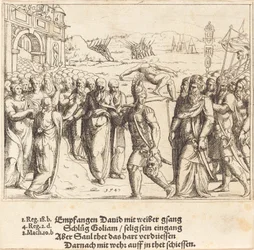 David välkomnas efter att ha dödat Goliat och Sauls svartsjuka, 1547.