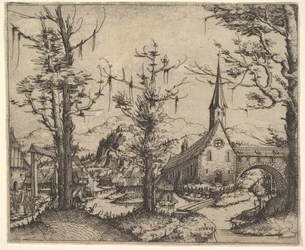 Landskap med fyra träd och en kyrka till höger, 1545.