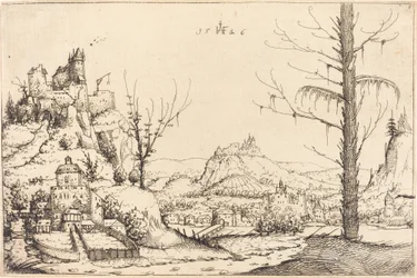 Landskap med höga klippor, flod och stad, 1546.