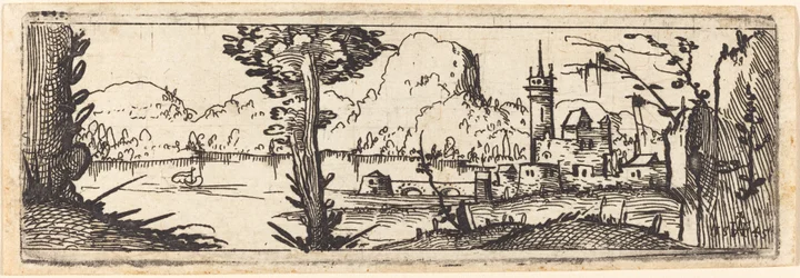 Landskap med sjö och stad