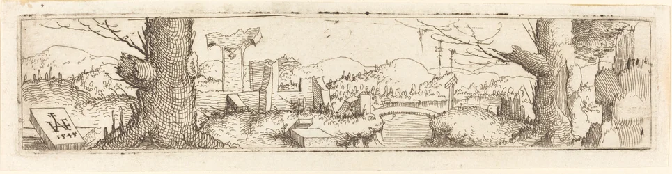 Landskap med bäck och ruiner, 1545.