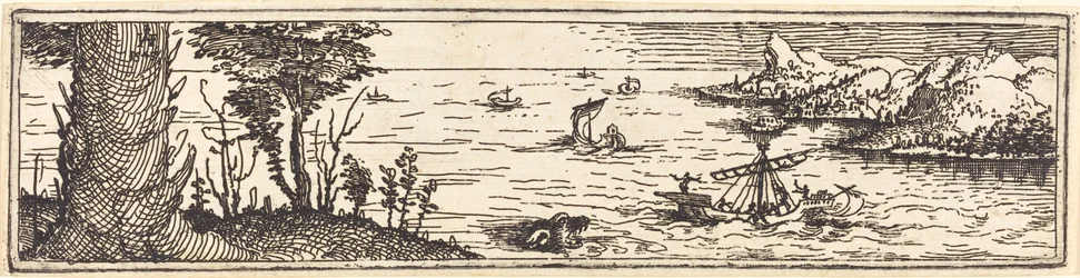 Landskap med sjö och segelfartyg