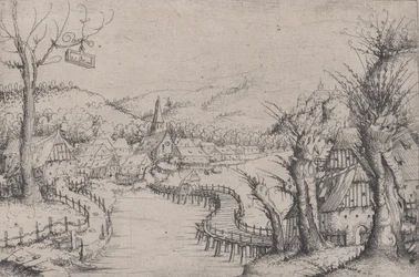 Flodlandskap med tre kala pilträd till höger och en lång slingrande träbro vid ..., 1546.