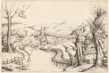 Flodlandskap med träbro, 1546.