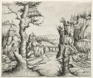 Flodlandskap med stenar till vänster och till höger, 1546.