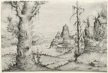 Flodlandskap med stort träd till vänster, 1546.