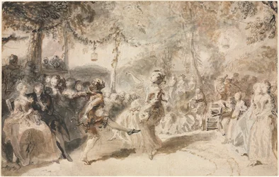 Kostymklädda dansare som uppträder i en trädgårdskrog, 1756.