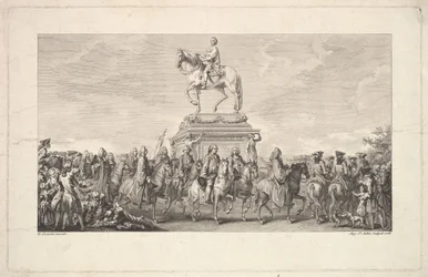 Invigningen av Statyn av Ludvig XV, Vinjett på sidan 1, från Description des Trava..., 1766.