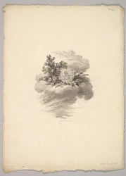 Vinjett med mynt på ett moln med rosor till vänster och duvor under och till höger..., 1778-80.