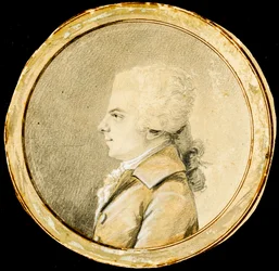 Wolfgang Amadeus Mozart - Augustin de Saint-Aubin (1736-1807). Sanguine, svart krita och vit färg på papper, ca 1778. Mått: D 13,8 cm. Privat samling
