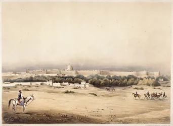 Sir Charles Napier i förgrunden följt av hans eskort av Scinde-hästen, Hyderabad, ca 1850 (färg litho)