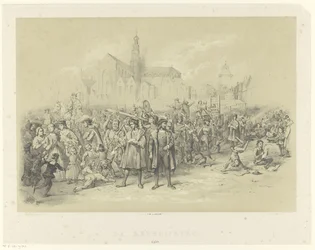 Retoriker delar ut pamfletter The Rederijkers 1500 (titel på objekt)