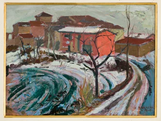Snö i Carpi (olja på kartong)