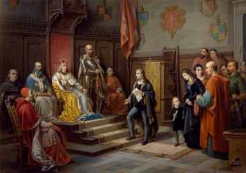 Fredrik III, pressad att marschera mot turkar av Trieste-poeten Raffaele Zovenzoni, målning av Augusto Tominz (1818-1883)