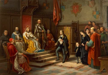 Fredrik III, pressad att marschera mot turkar av Trieste-poeten Raffaele Zovenzoni, av Augusto Tominz (1818-1883)