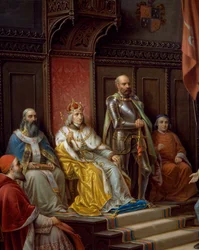 Fredrik III på tronen, detalj från Fredrik III, pressad att marschera mot turkar av Trieste-poeten Raffaele Zovenzoni, målning av Augusto Tominz (1818-1883)