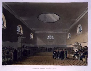 Charter House School Room, från "History of Charter House School", en del av "History of the Colleges", graverat av J. Bluck (fl.1791-1831) pub. av R. Ackermann