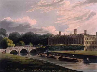 Exteriör av Clare Hall, Cambridge, från "The History of Cambridge", graverad av J. Bluck (fl.1791-1831), pub. av R. Ackermann