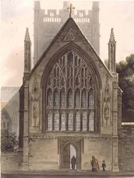 Exteriör av Merton College, vänd mot norra fönstret i Ante-kapellet, illustration från "History of Oxford", graverad av I. Sutherland, pub. av R. Ackermann