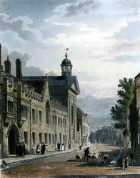 Exteriör av Pembroke College, Cambridge, från "The History of Cambridge", graverad av Joseph Constantine Stadler (fl.1780-1812), pub. av R. Ackermann