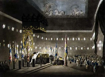 Rester av Lord Viscount Nelson som ligger i staten i den målade kammaren på Greenwich Hospital, graverade av J. Merigot, pub. 1806 (färggravyr)