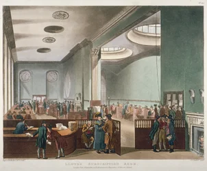 Interiörvy av Lloyds Subscription Room i Royal Exchange, City of London, 1809