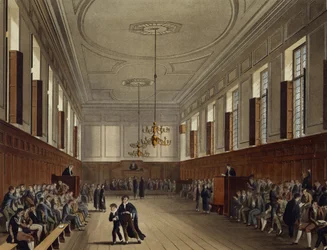 Eton School Room, från "History of Eton College", en del av "History of the Colleges", graverad av Joseph Constantine Stadler (fl.1780-1812) pub. av R. Ackermann, 1816 (akvatint)