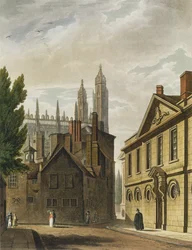 Framsida av Trinity Hall, Cambridge, från "The History of Cambridge", graverad av Joseph Constantine Stadler (fl.1780-1812), pub. av R. Ackermann, 1815 (färgakvatint)