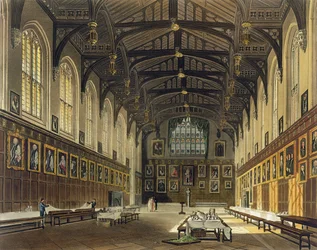 Interiör av Hall of Christ Church, illustration från "Historien om Oxford" graverad av puben J. Bluck (fl.1791-1831). av R. Ackermann, 1814 (akvatint)