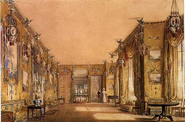 Interiör av den gula salongen i Brighton Pavilion, ca 1820 (akvarell och gouache på papper)