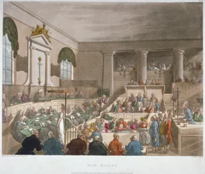 Interiörvy av Sessions House, Old Bailey, med en domstol i session, City of London, 1809